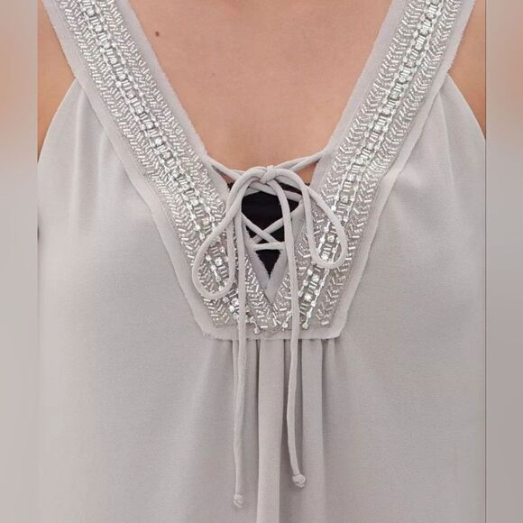 BKE Women's Silvery Grey Embellished Chiffon Lined Lace-up Tank Blouse - Picture 2 of 16